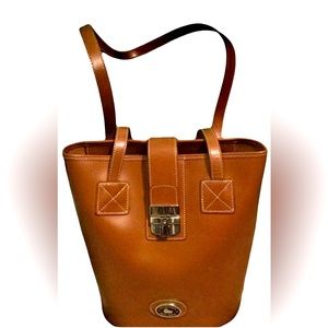 Vintage Dooney & Bourke LEATHER Bucket Bag S914 Dk Tan Brown White Stitching EUC